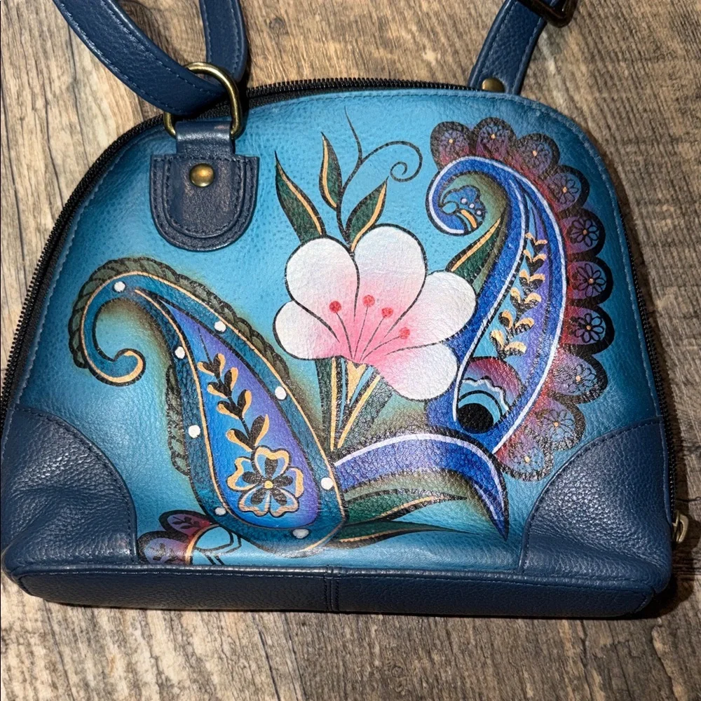 Anuschka Blue Hand-Painted Floral Crossbody Bag - Picture 2 of 6